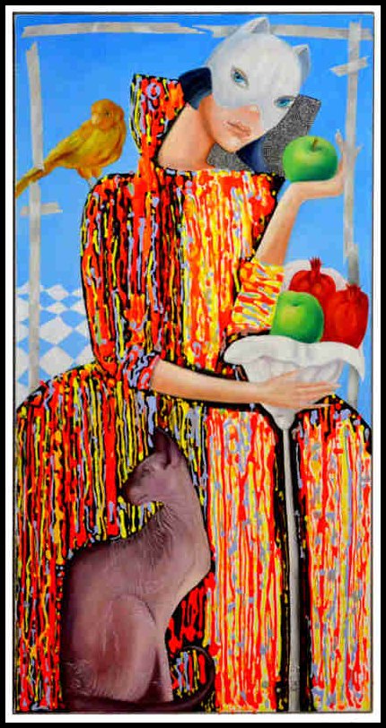 Illusions II original surreal colourful animals woman figure cat apple bird whimsy oil painting by Yelena Revis