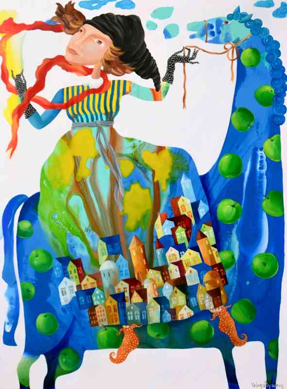 Blue horse of happiness — oil and acrylic on canvas by Yelena Revis