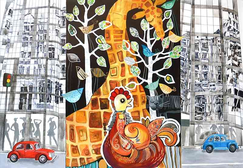 City jungle — acrylic and pen on canvas by Yelena Revis
