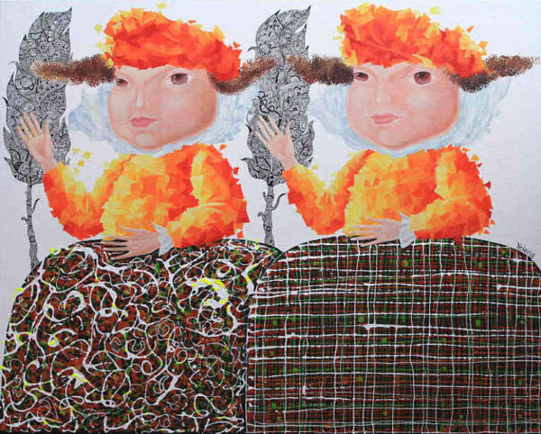 Twinship — oil and pen on canvas by Yelena Revis