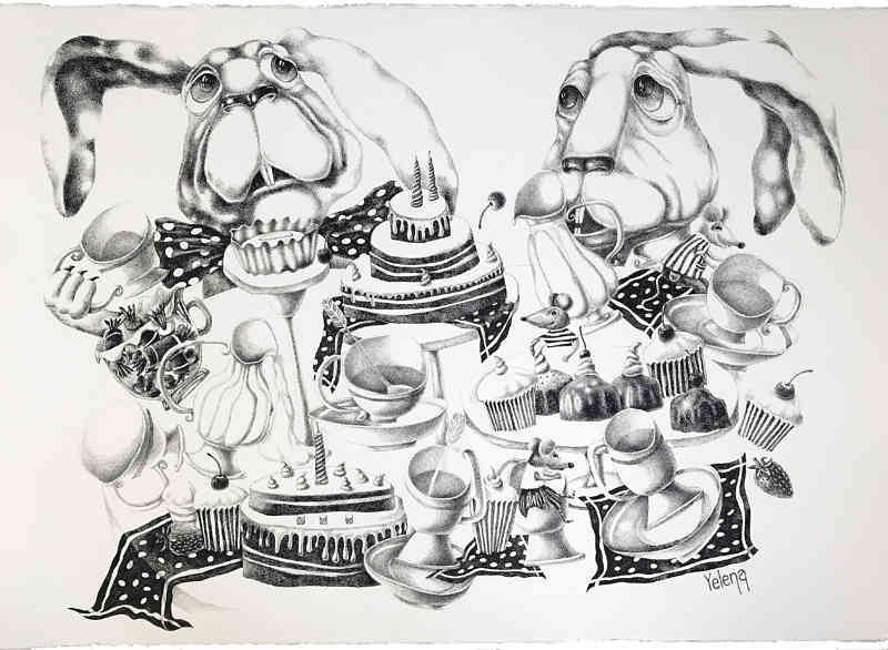 Sweet tea party — pen on rough paper by Yelena Revis