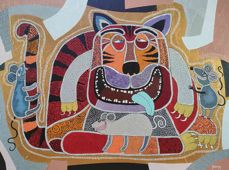 Blue tongue — acrylic and ink pen on canvas by Yelena Revis