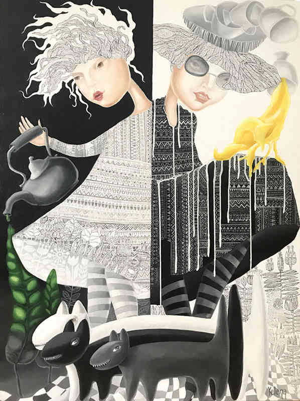 Confrontation — oil and pen on canvas by Yelena Revis