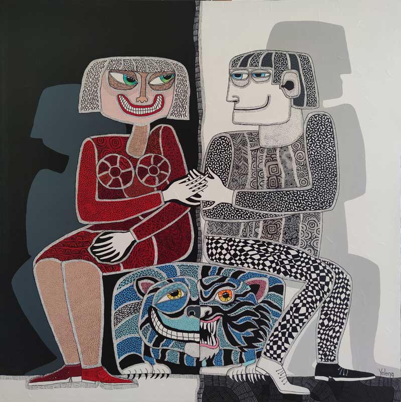 Date on the water tiger — acrylic and ink pen on canvas by Yelena Revis