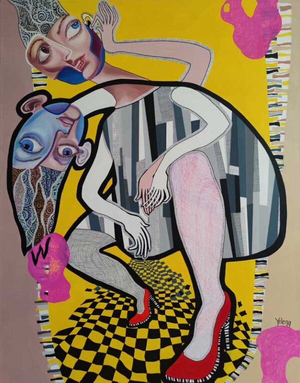 Eavesdrop but don’t peek — acrylic, oil and ink pen on canvas by Yelena Revis