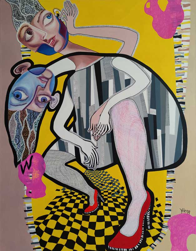 Eavesdrop but don’t peek — acrylic, oil and ink pen on canvas by Yelena Revis