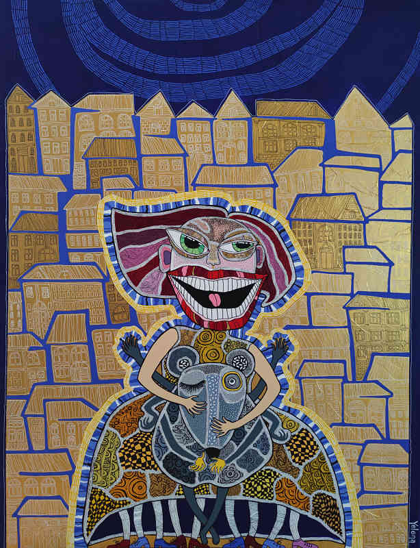 Golden city — acrylic and ink pen on canvas by Yelena Revis