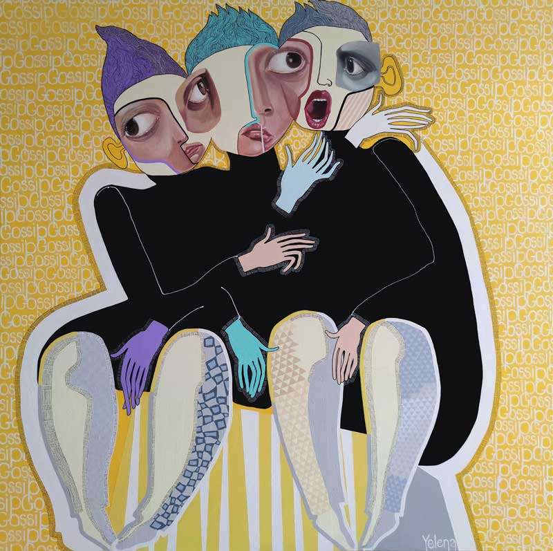Gossip — acrylic, oil and ink pen on canvas by Yelena Revis