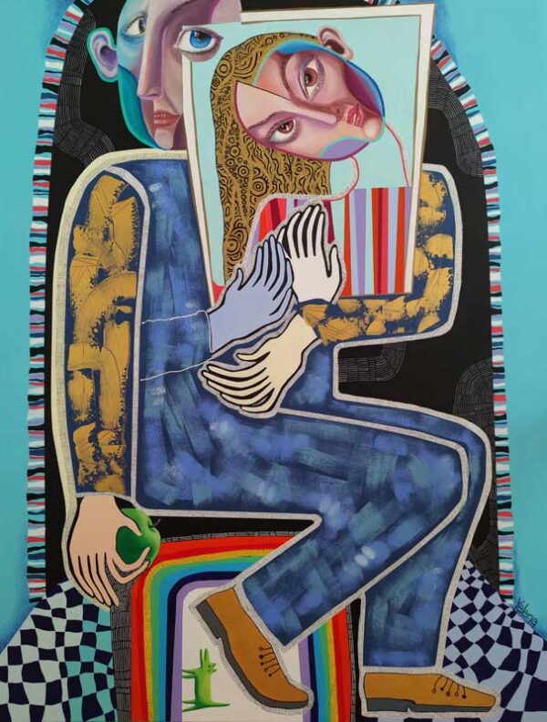 Little green dog — acrylic, oil and ink pen on canvas by Yelena Revis
