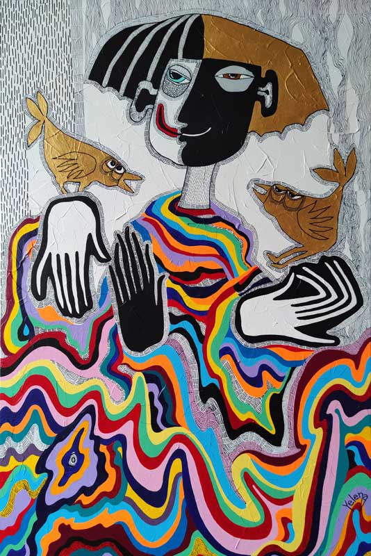 Multicolour — acrylic and ink pen on canvas by Yelena Revis