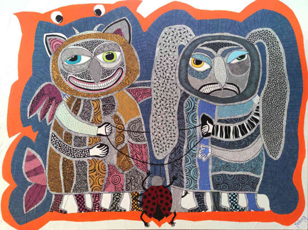 Necklace for two — acrylic and ink pen on canvas by Yelena Revis