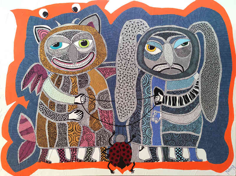 Necklace for two — acrylic and ink pen on canvas by Yelena Revis