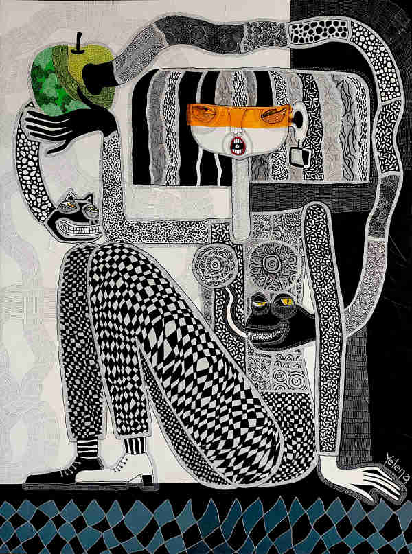 Never alone — acrylic and ink pen on canvas by Yelena Revis
