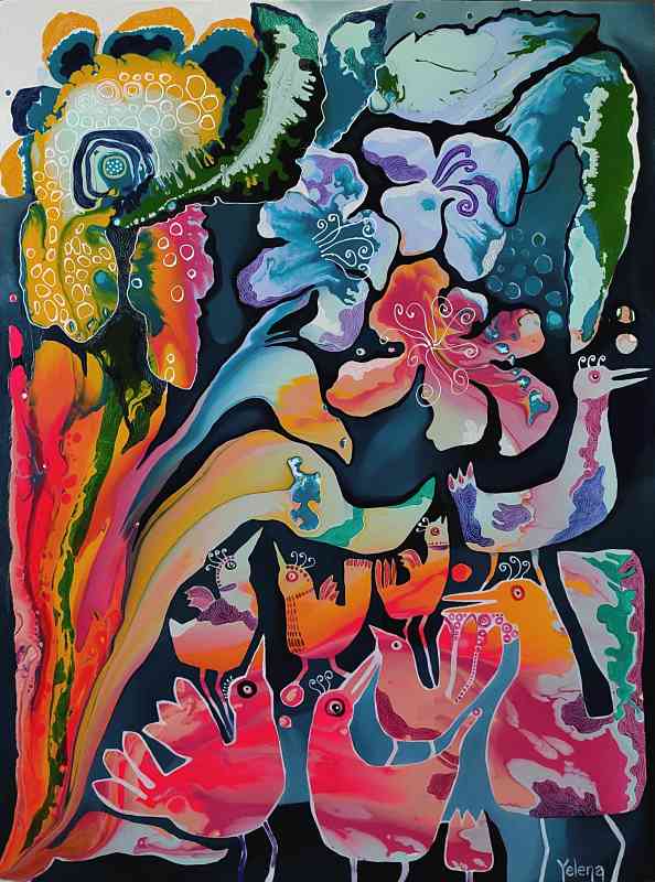 Night commotion — oil and acrylic on canvas by Yelena Revis