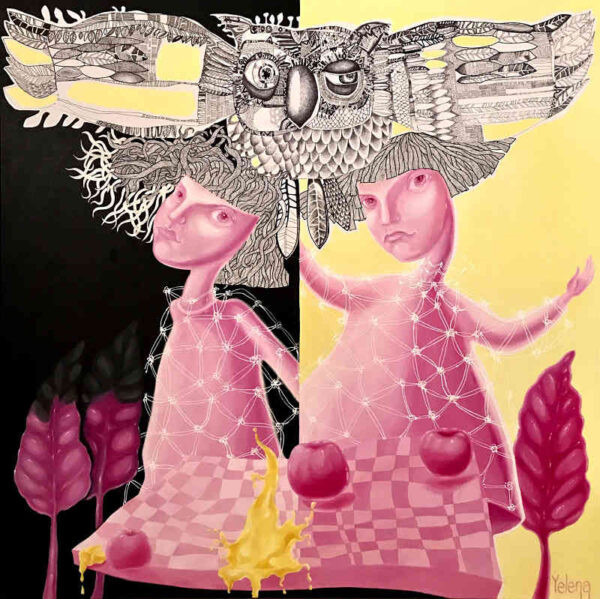 Pink madness — oil and pen on canvas by Yelena Revis