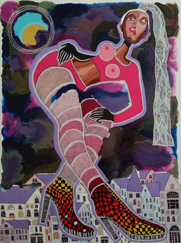 Queen of the night — acrylic, oil and ink pen on canvas by Yelena Revis