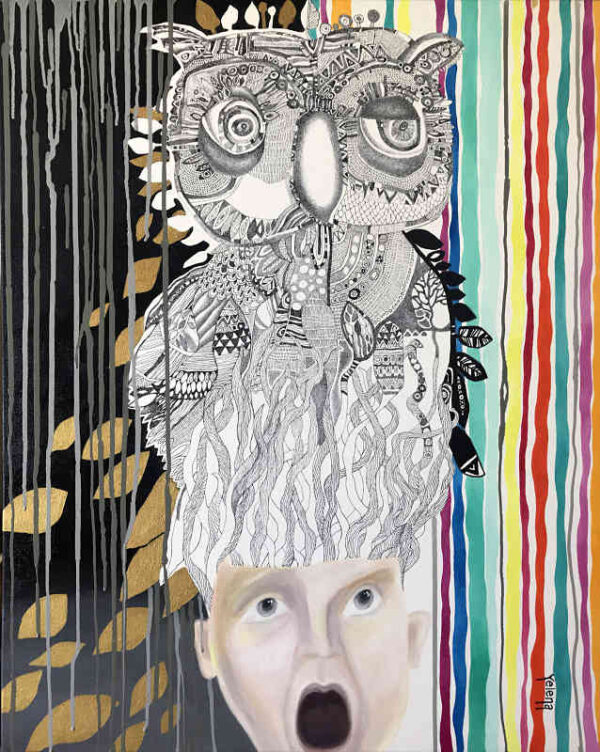 Something in my head — oil and pen on canvas by Yelena Revis
