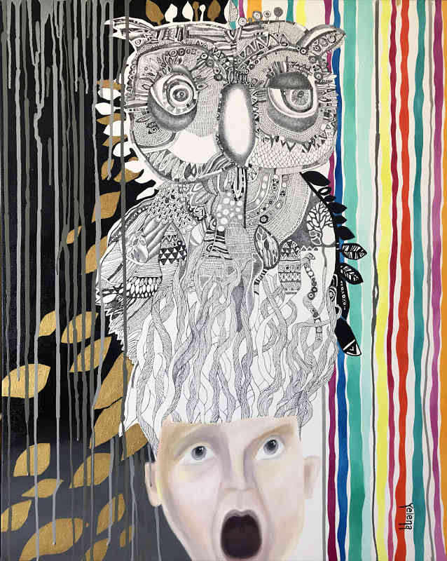Something in my head — oil and pen on canvas by Yelena Revis
