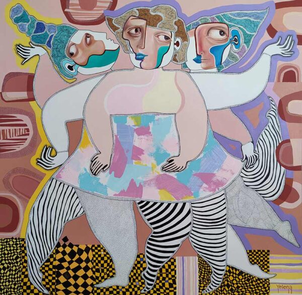 Three graces — acrylic, oil and ink pen on canvas by Yelena Revis