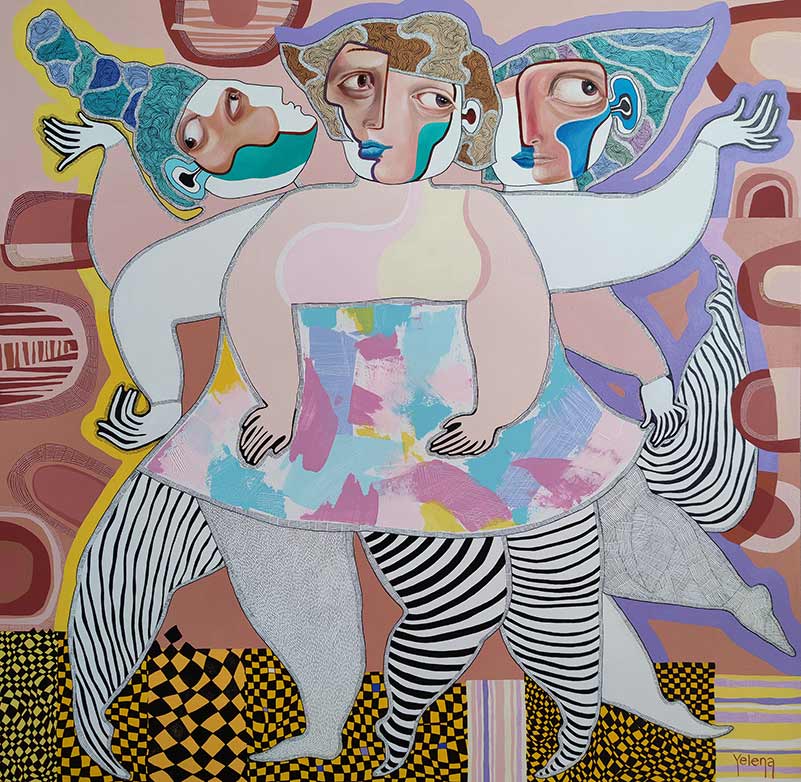 Three graces — acrylic, oil and ink pen on canvas by Yelena Revis