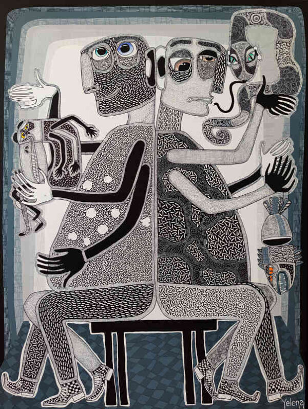Twins — acrylic and ink pen on canvas by Yelena Revis