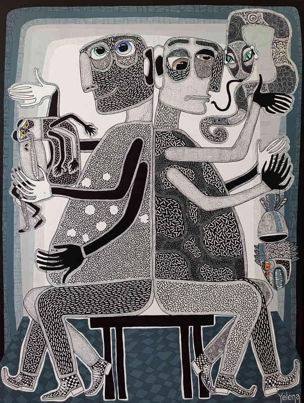Twins — acrylic and ink pen on canvas by Yelena Revis