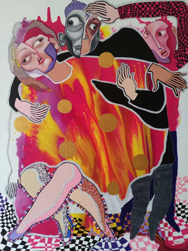 Twos company, threes a crowd — acrylic, oil and ink pen on canvas by Yelena Revis