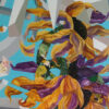 Close-up detail of Euphoric Implosion abstract sunflower painting by Yelena Revis, showing golden yellow and purple petals, textured brushwork, and geometric shapes.