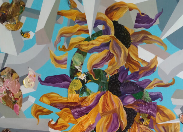 Close-up detail of Euphoric Implosion abstract sunflower painting by Yelena Revis, showing golden yellow and purple petals, textured brushwork, and geometric shapes.