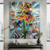 Large Euphoric Implosion abstract sunflower painting by Yelena Revis displayed in a modern living room setting above a black console table.