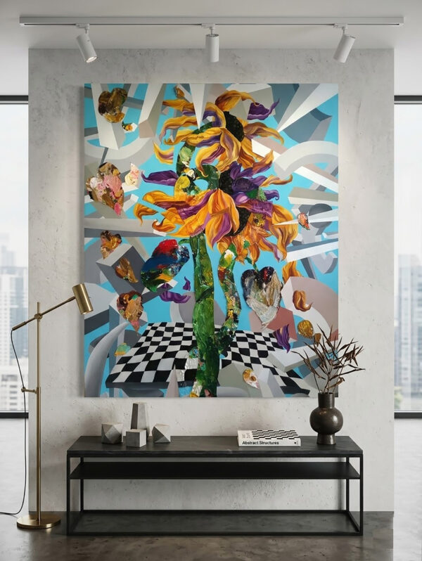 Large Euphoric Implosion abstract sunflower painting by Yelena Revis displayed in a modern living room setting above a black console table.