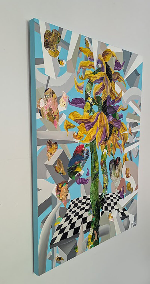 Side angle view of Euphoric Implosion original painting by Yelena Revis, showing thick impasto paint texture and painted canvas edges.