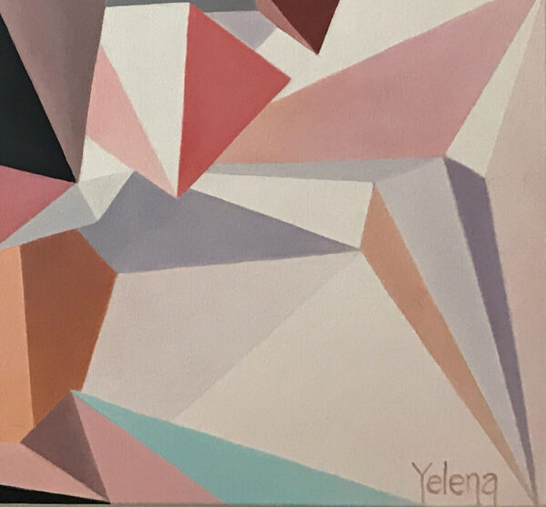 Artist Signature & Lower Pastel Geometry Macro — "Thunderstorm" Geometric Abstract Painting by Yelena Revis Yelena Revis signature in the bottom right of Thunderstorm, among pastel triangular facets