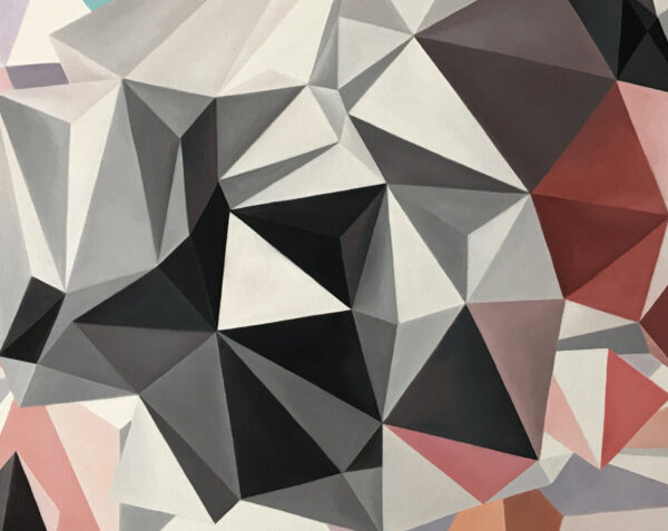 Central Facets & Monochromatic Core Macro — "Thunderstorm" Geometric Abstract Painting by Yelena Revis Detail of black, grey and white triangular facets among muted pink in Thunderstorm by Yelena Revis