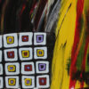 Detail of a black-and-white square grid with yellow and red brushstrokes in A Splash of Life by Yelena Revis