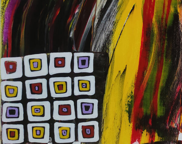 Detail of a black-and-white square grid with yellow and red brushstrokes in A Splash of Life by Yelena Revis