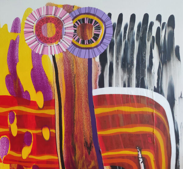 Detail of circular floral motifs and black-and-white brushwork in A Splash of Life by Yelena Revis