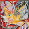 Abundant Beauty — Abstract Painting by Yelena Revis Abundant Beauty abstract painting by Yelena Revis featuring vibrant ochre floral forms, tendrils, and red backdrop.