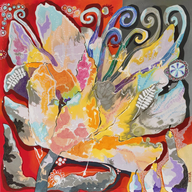 Abundant Beauty abstract painting by Yelena Revis featuring vibrant ochre floral forms, tendrils, and red backdrop.