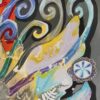 Abundant Beauty Slate Detail — Painting by Yelena Revis Abundant Beauty abstract painting detail by Yelena Revis with charcoal backdrop, swirling blue waves, and flower badge.