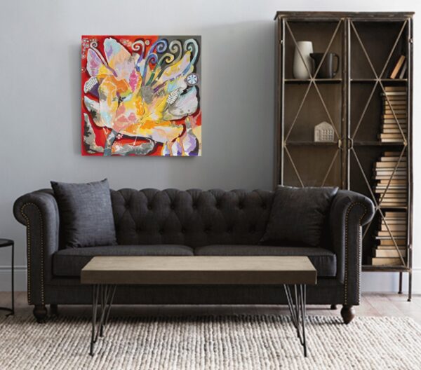 Abundant Beauty in Living Room — Painting by Yelena Revis Abundant Beauty abstract painting by Yelena Revis styled above a dark grey sofa in a modern living room.
