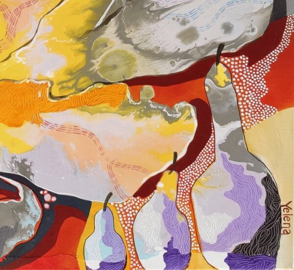Abundant Beauty Signature Detail — Painting by Yelena Revis Abundant Beauty abstract painting detail by Yelena Revis showing artist signature, signature pear forms, and dot work.