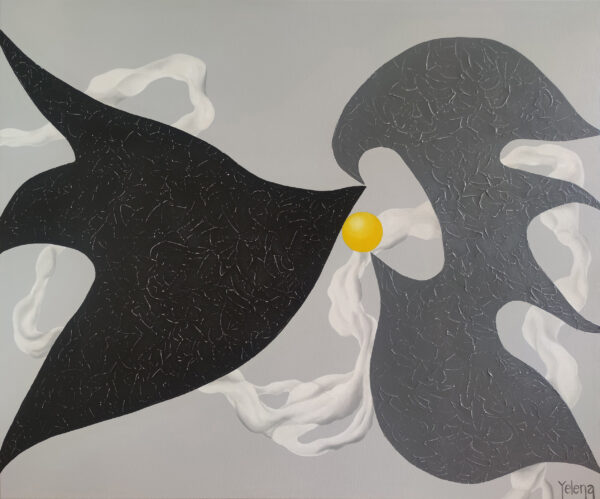 Original abstract painting Aerial Dance by Yelena Revis featuring black bird silhouettes, a yellow sun sphere, and white impasto cloud ribbons on a light grey background.