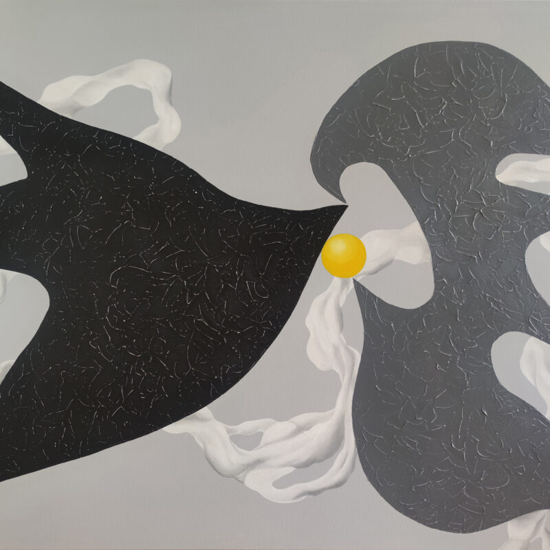 Aerial Dance — Original Abstract Painting by Yelena Revis Original abstract painting Aerial Dance by Yelena Revis featuring black bird silhouettes, a yellow sun sphere, and white impasto cloud ribbons on a light grey background.