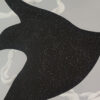 Detail of raised impasto on a black bird silhouette framed by white ribbons in Aerial Dance by Yelena Revis