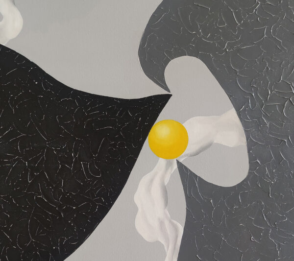 Detail of a yellow orb between dark bird silhouettes and white ribbons in Aerial Dance by Yelena Revis