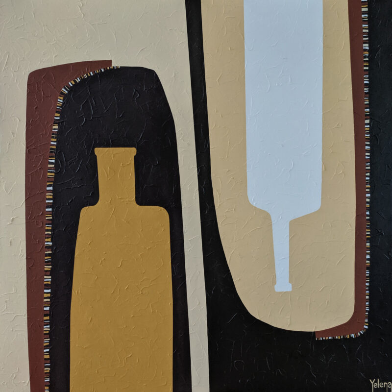 After the Weekend — Original Still Life Abstract Painting by Yelena Revis Original still life abstract painting After the Weekend by Yelena Revis featuring gold and white bottle silhouettes, terracotta arches, and stitched fringe edging on a textured neutral background.