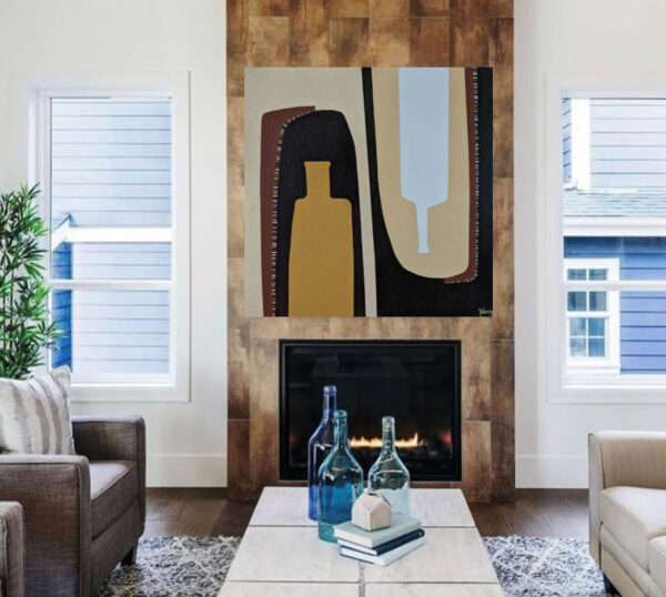 Detail of the white bottle silhouette on soft beige beside an ochre-yellow form in After the Weekend by Yelena Revis