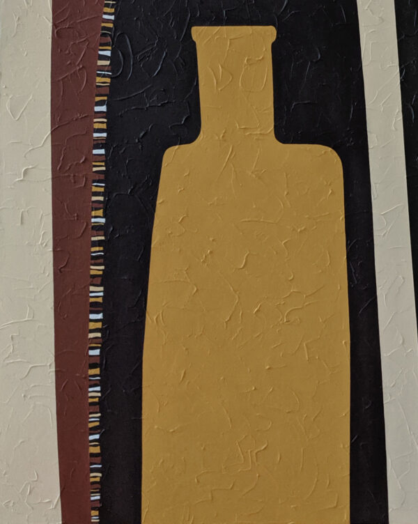 Detail of an ochre-yellow bottle silhouette with dashed mosaic border in After the Weekend by Yelena Revis