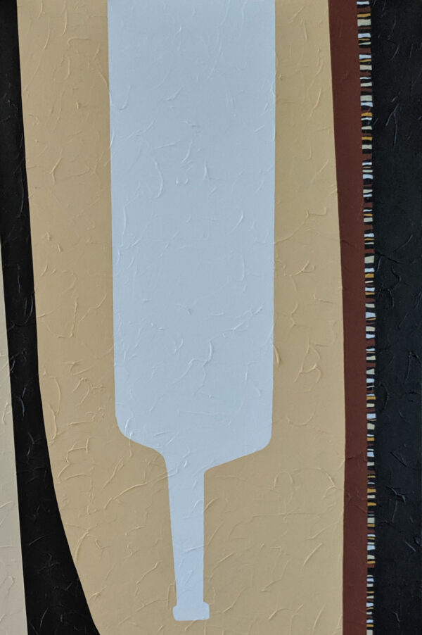 Detail of an inverted white bottle on beige with palette knife impasto in After the Weekend by Yelena Revis